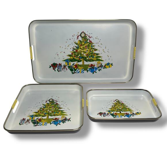 Vintage Apex Lacquer Ware Christmas Tree Tray Set of 3 Sizes Japan Nesting - Picture 1 of 10